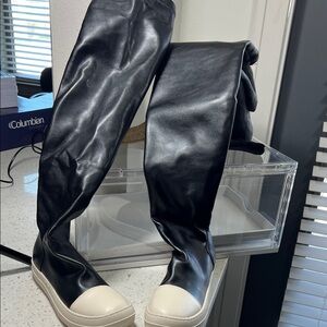 Black Over-the-Knee Leather-Look Boots with Cream Cap Toe